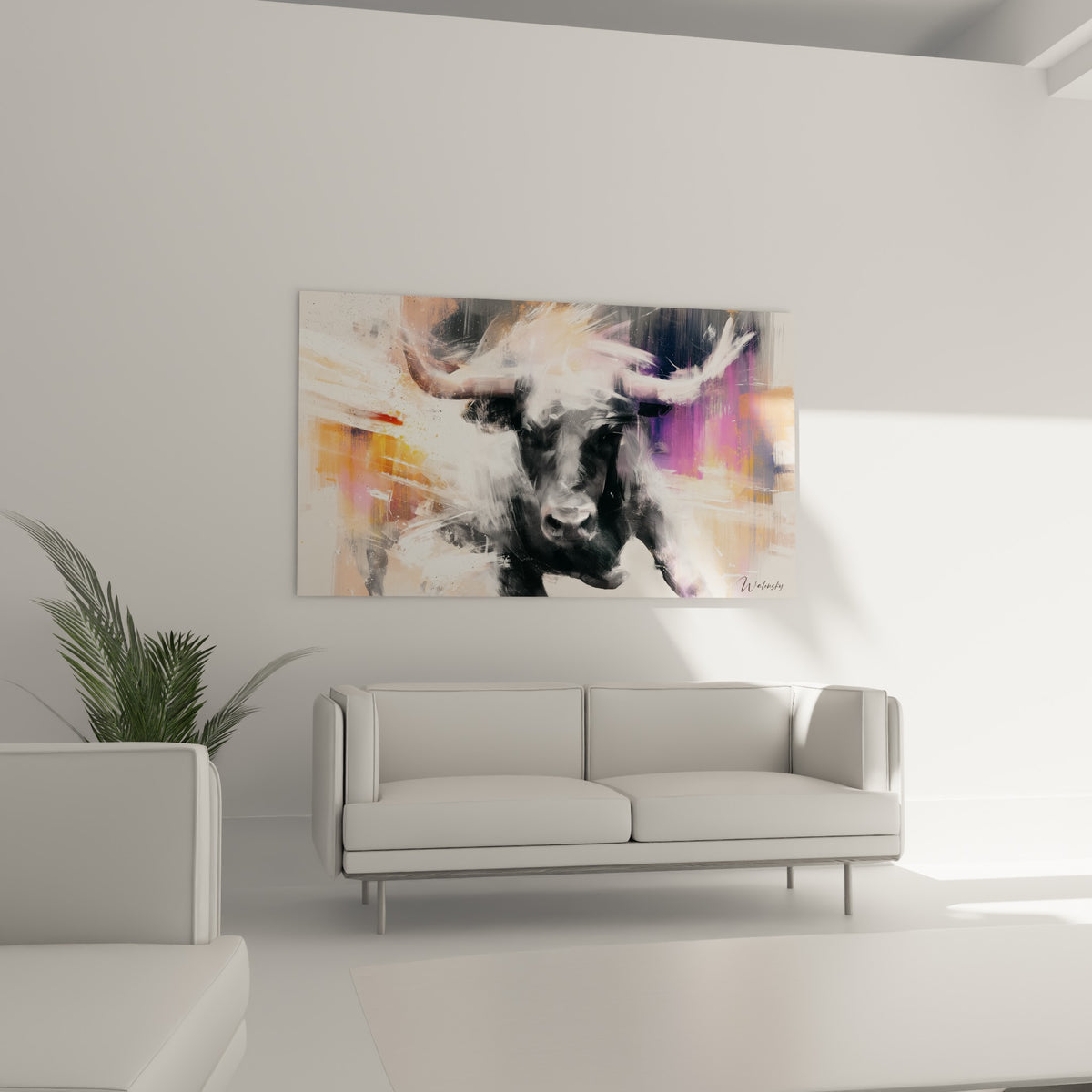 Museau sombre et regard frontal du Taureau, touches roses et orangées, au-dessus d'un canapé dans un salon lumineux