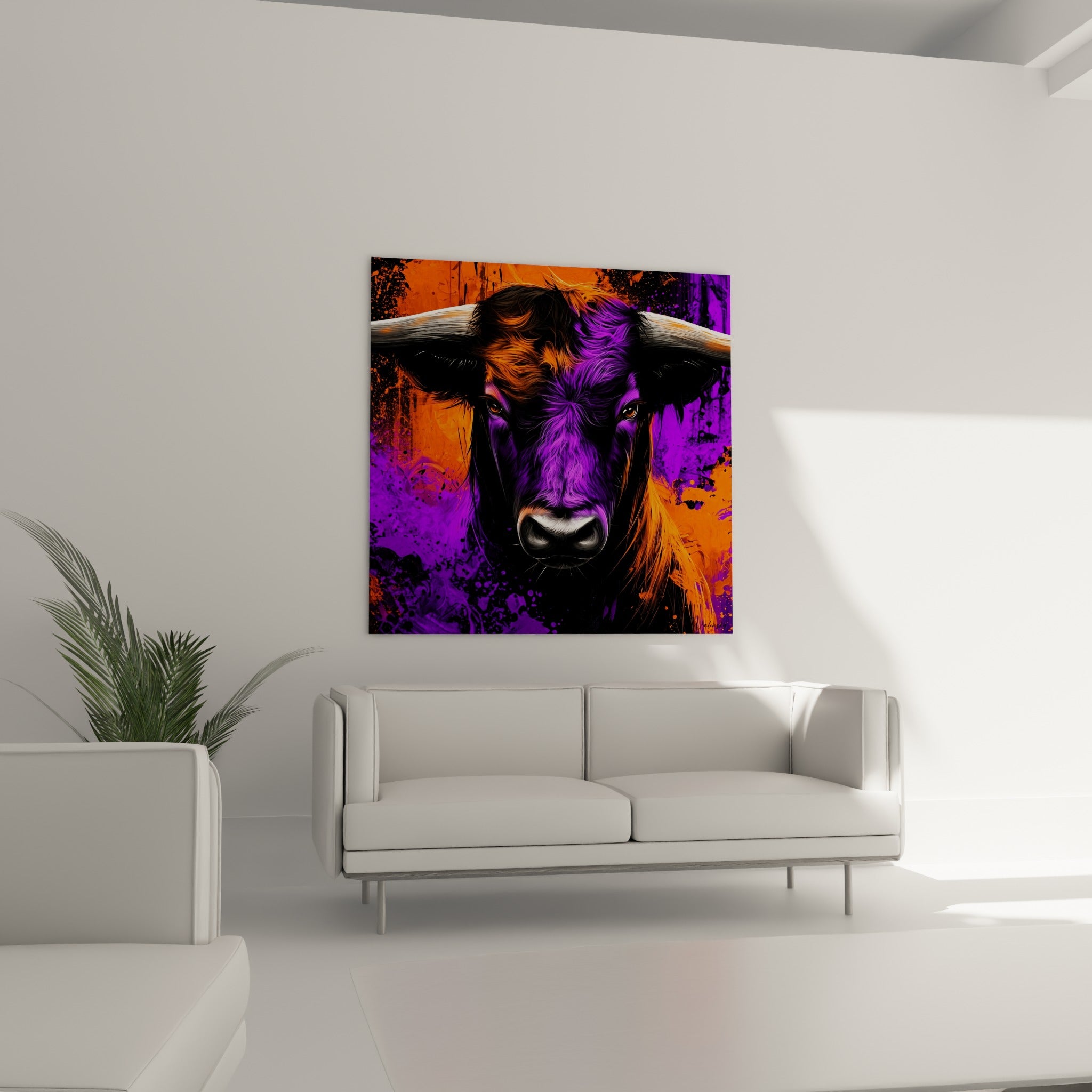 Museau noir et blanc du taureau, robe violette striée d'orange, suspendu au-dessus d'un canapé dans un salon lumineux