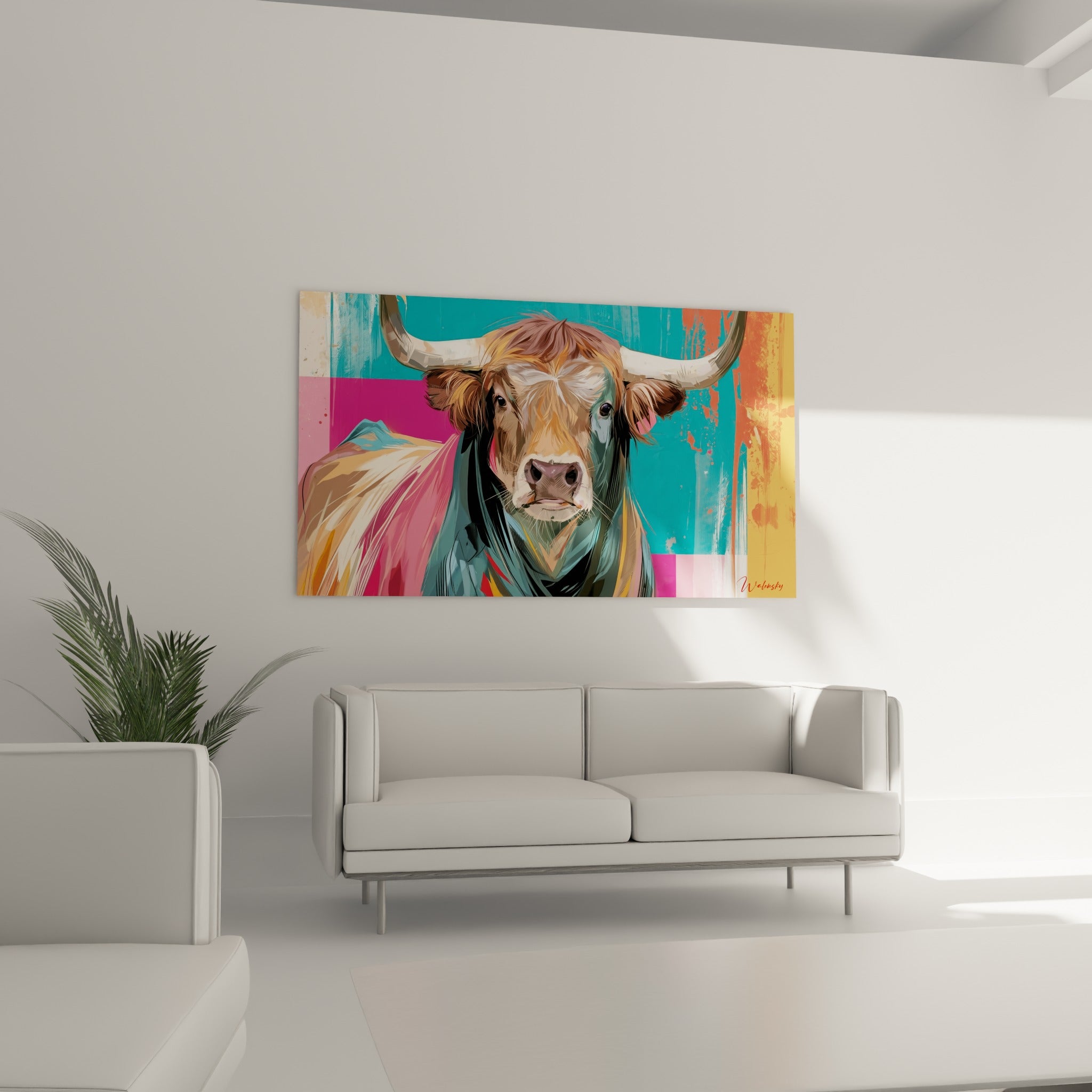 Museau rosé et regard sombre du taureau turquoise et orange, au-dessus d'un canapé dans un salon lumineux