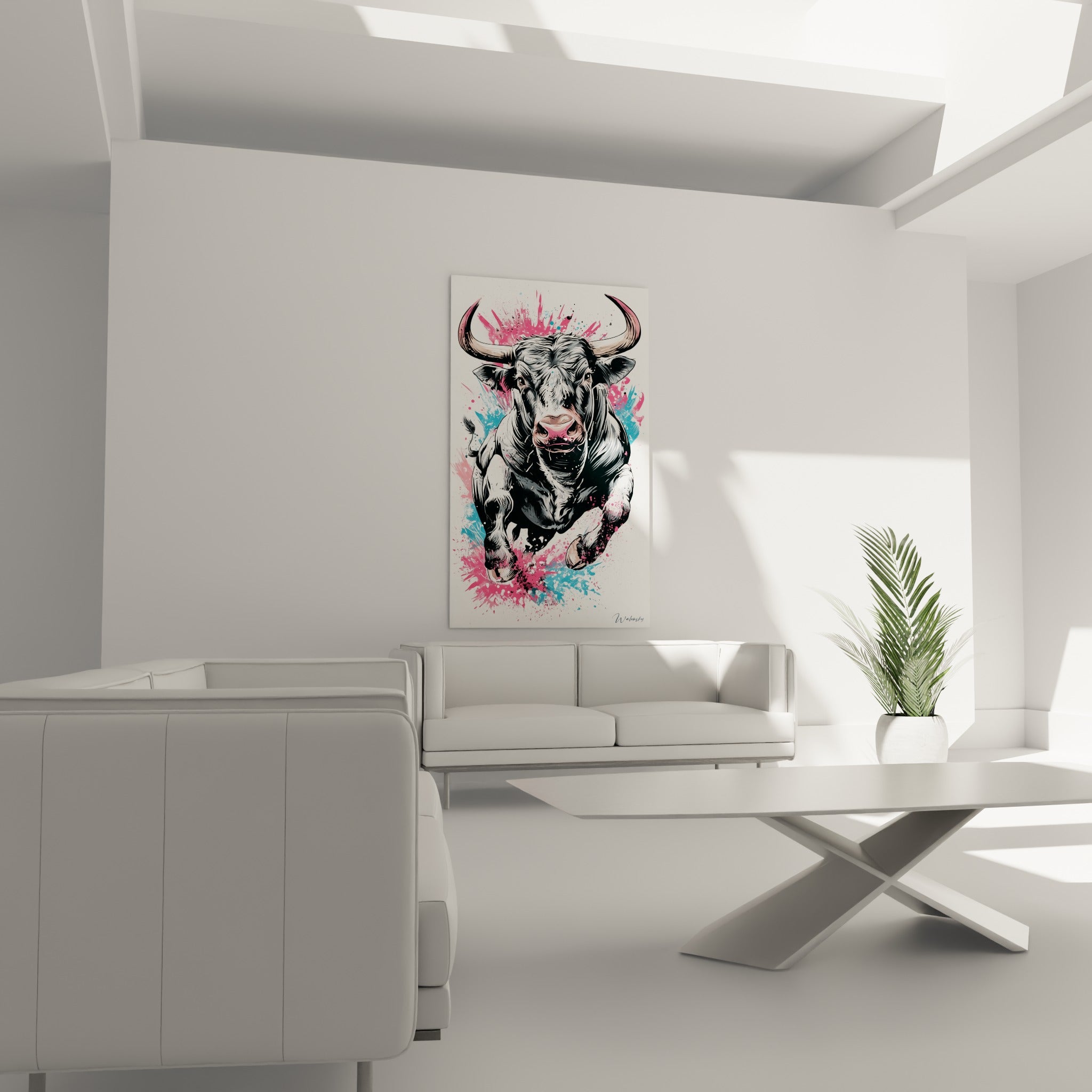 Museau rosé et regard intense de l'animal jaillissant d'éclats bleus et roses, au-dessus d'un canapé dans un salon lumineux
