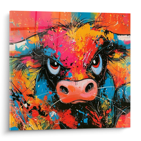 Tableau Taureau museau rose et bleu éclaboussé - Face à face intense - Edition Taureau