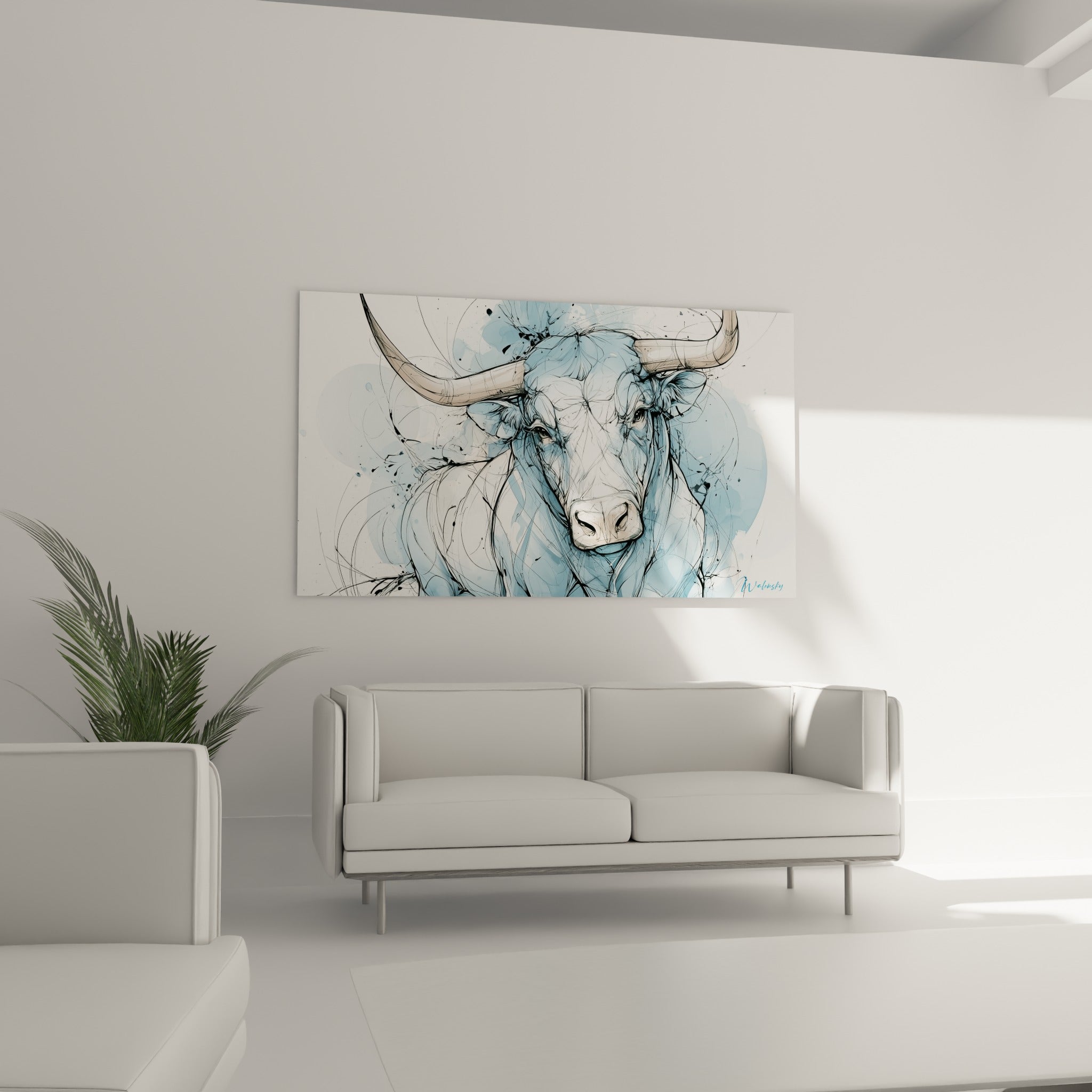 Regard fixe du Taureau graphique en bleu et beige, suspendu au-dessus d'un canapé dans un salon lumineux.