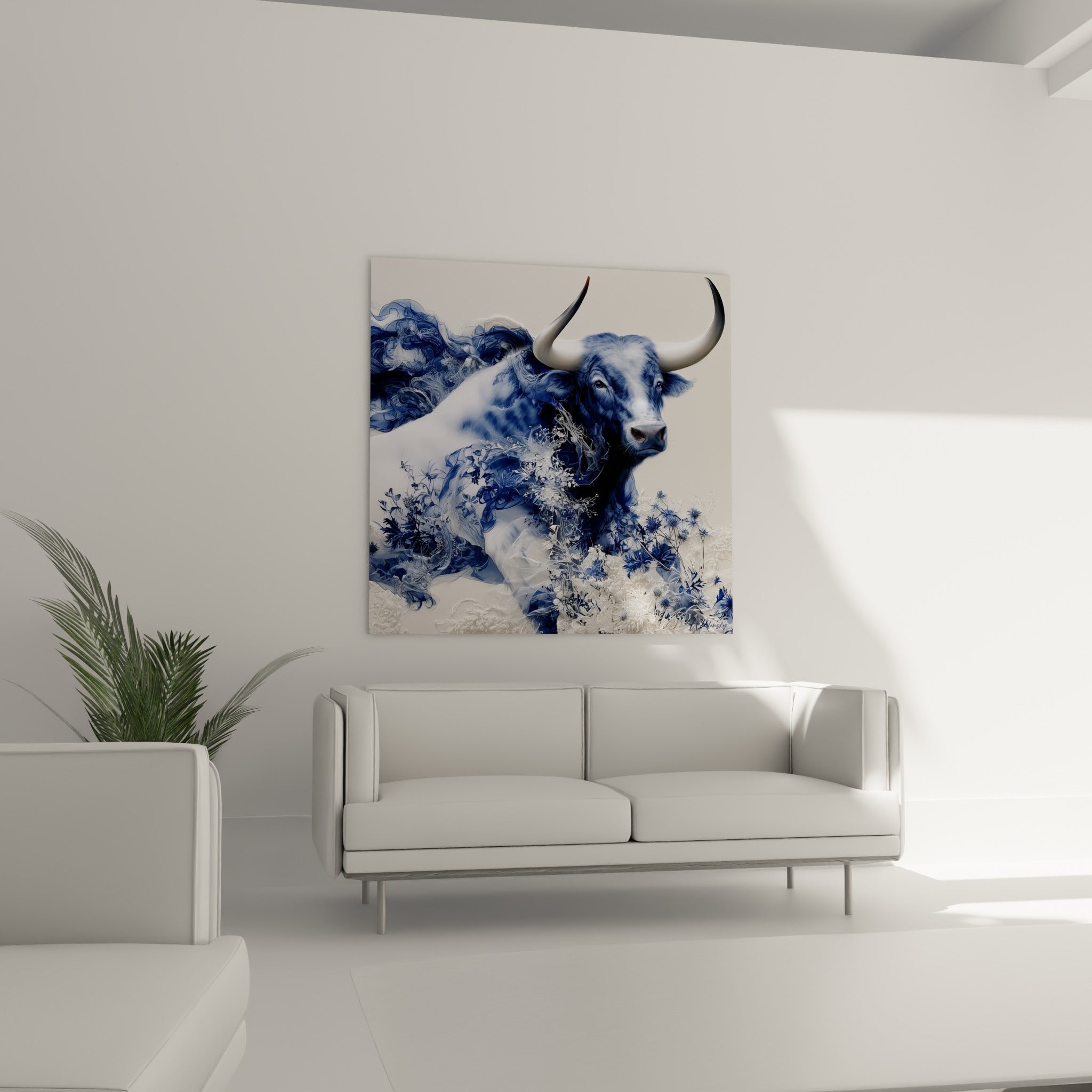 Museau sombre et fleurs bleu marine enlaçant le corps du taureau au-dessus d'un canapé dans un salon lumineux