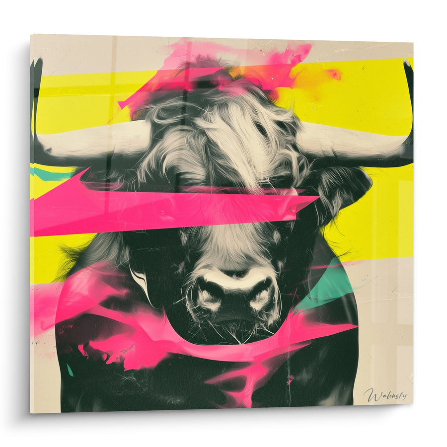 Tableau Longhorn noir aux bandes rose et jaune - Fond crème géométrique - Edition Taureau