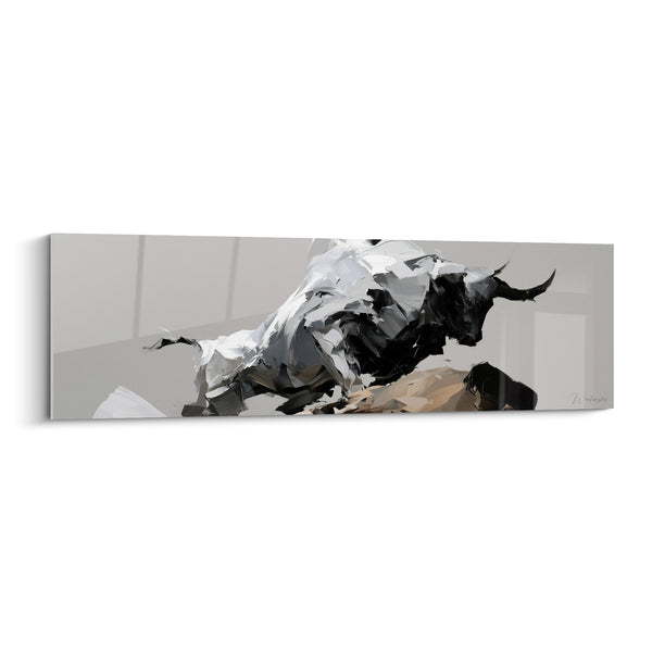 Tableau Taureau blanc et noir jaillissant du sol beige - Élan monochrome saisissant - Edition Taureau
