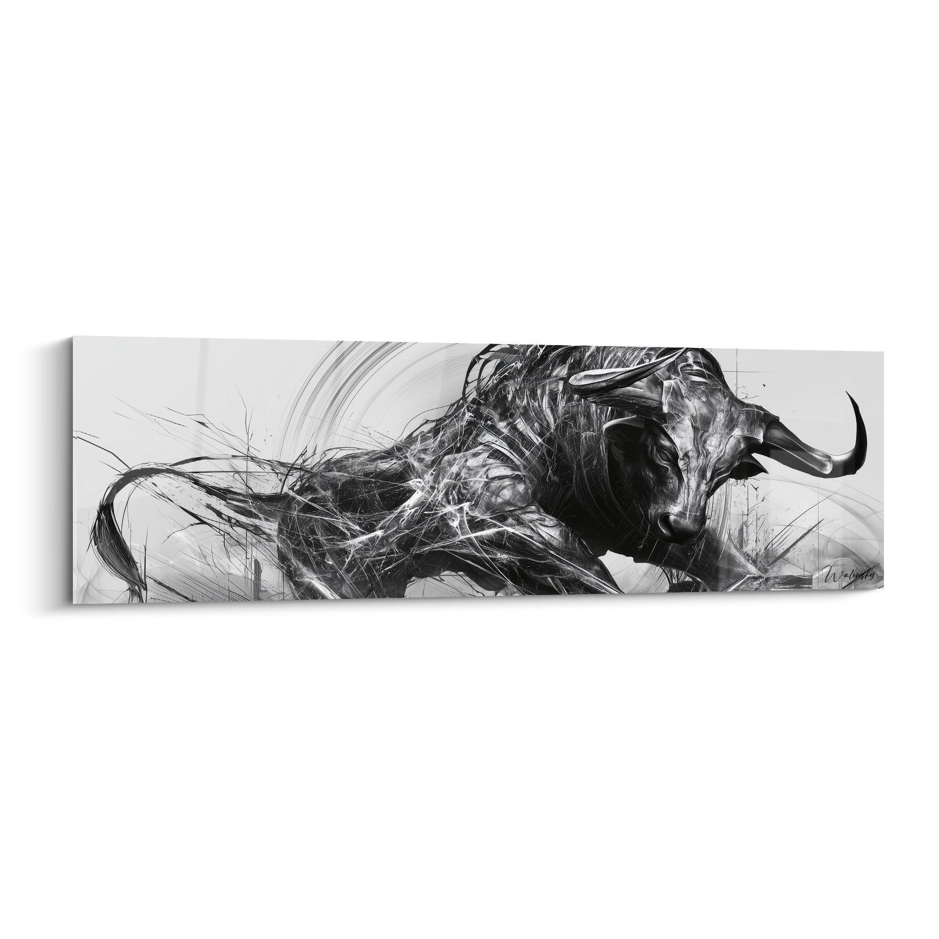 Taureau noir et blanc en pleine charge, cornes tendues, traits fracturés et anthracite sur fond clair