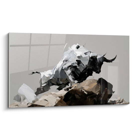 Taureau noir et blanc chargeant sur un rocher brun, style pictural en larges empâtements