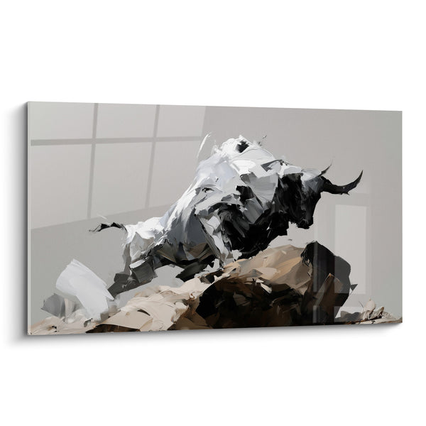 Tableau Taureau blanc et noir dévalant un monticule rocheux - Cornes noires acérées - Edition Taureau
