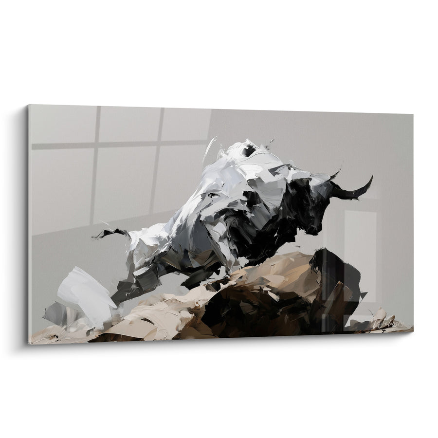 Tableau Taureau blanc et noir dévalant un monticule rocheux - Cornes noires acérées - Edition Taureau