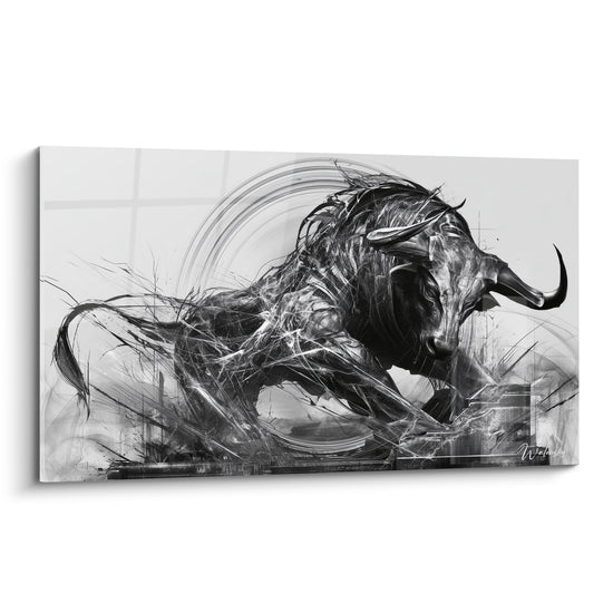 Taureau noir et blanc aux traits filiformes chargeant sur fond clair et cercles concentriques