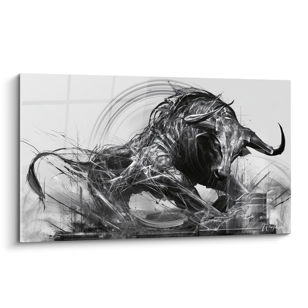 Tableau Taureau noir et blanc aux traits filandreux - Cercle en arrière-plan - Edition Taureau