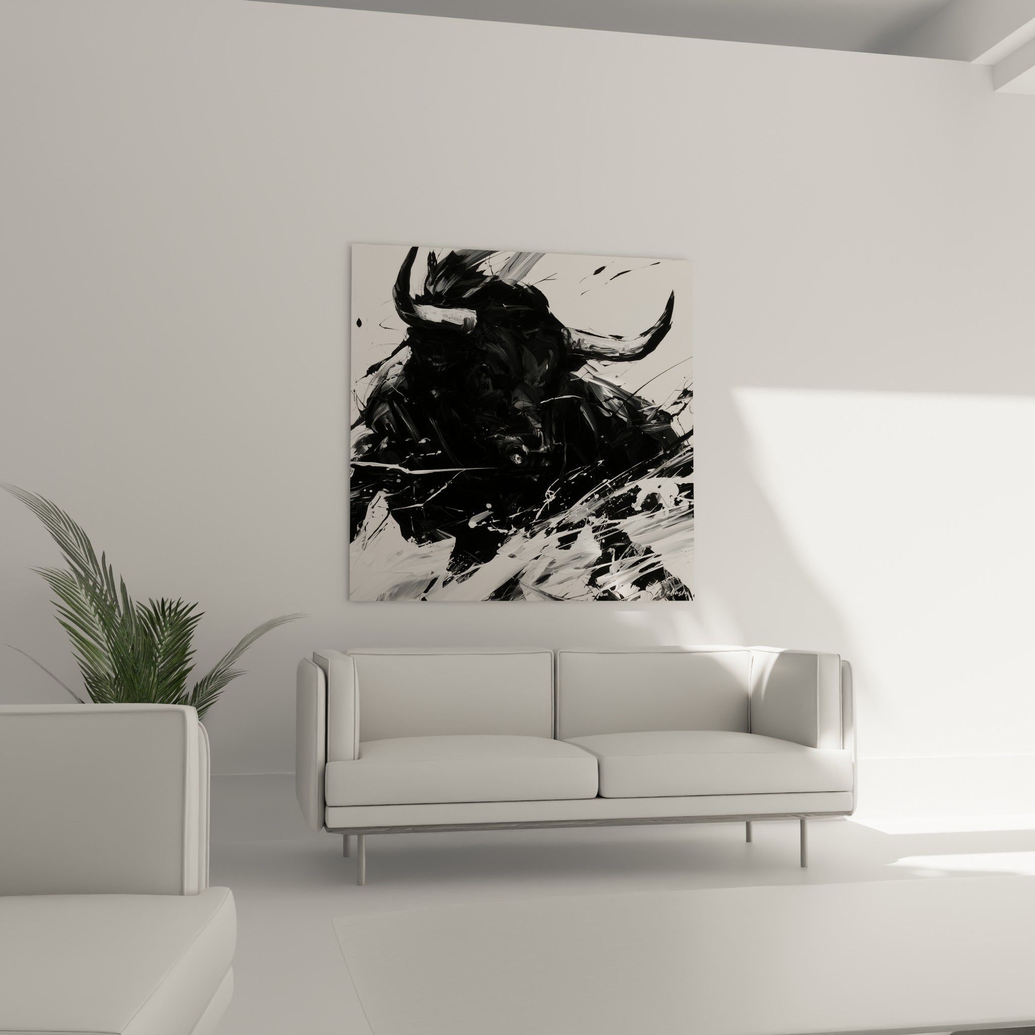 Taureau noir et blanc aux coulures expressives, accroché au-dessus d'un canapé dans un salon lumineux