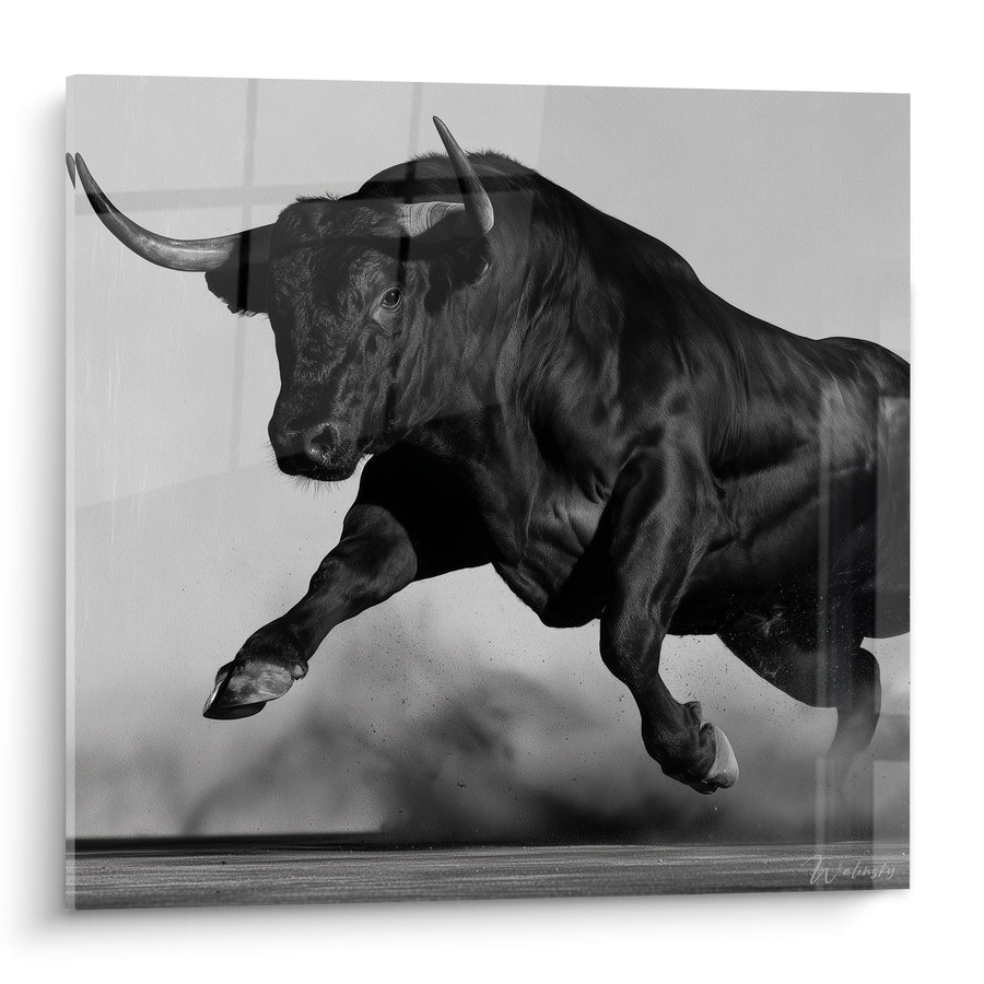 Tableau Taureau noir en plein bond aérien - Charge suspendue - Edition Taureau