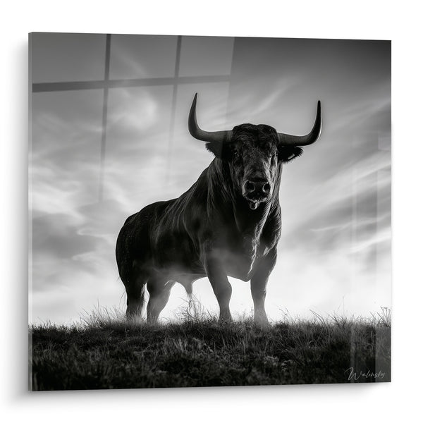 Tableau Taureau noir aux longues cornes brumeuses - Sentinelle des collines - Edition Taureau
