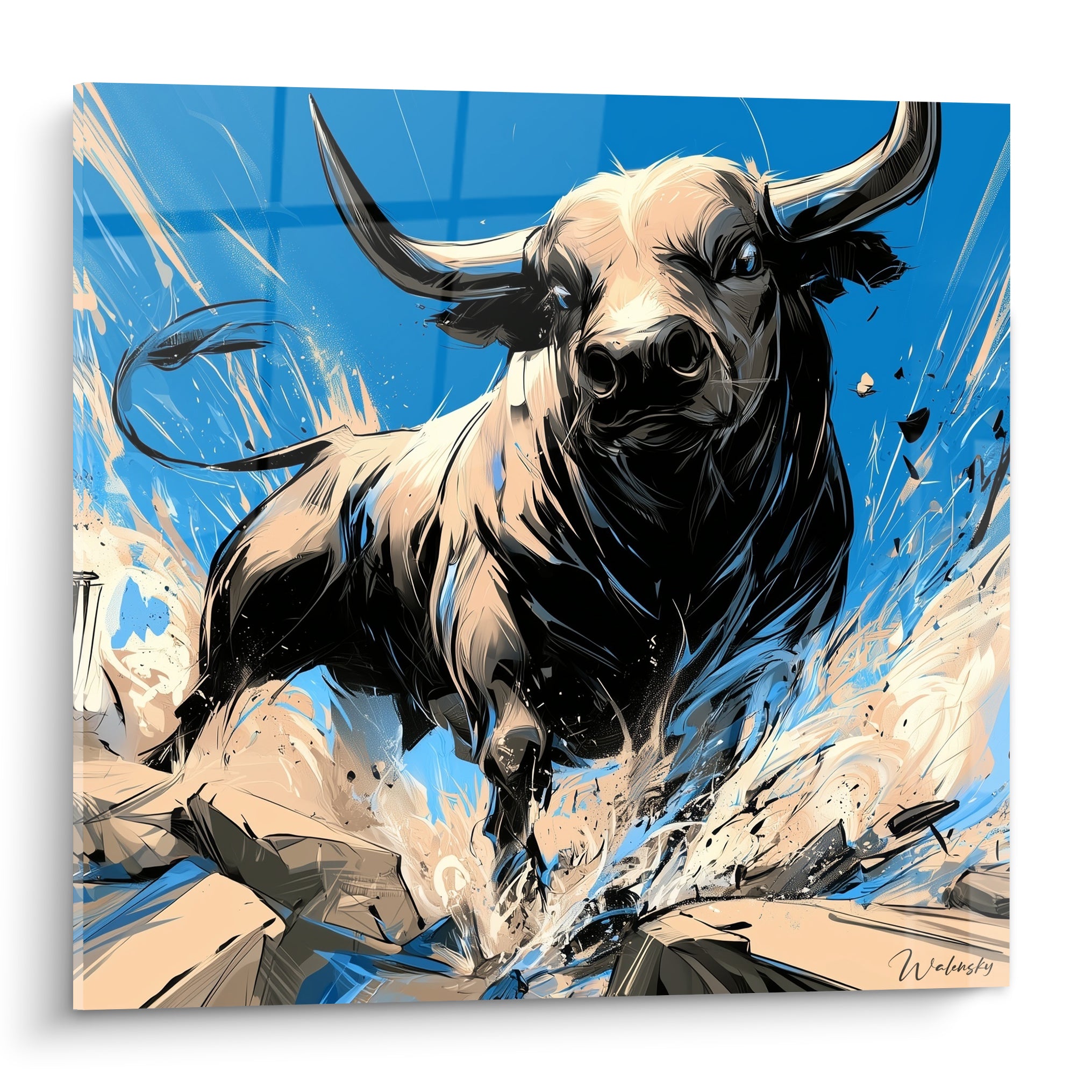 Taureau noir aux cornes massives chargeant sur fond bleu électrique et beige sable