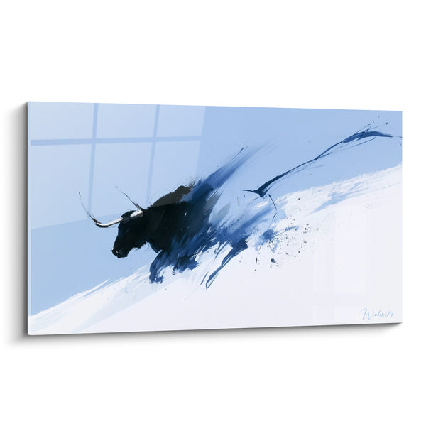 Tableau Longhorn noir et bleu ciel aux traits balayés - Diagonale enneigée - Edition Taureau