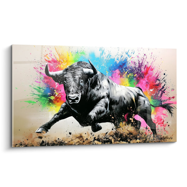 Tableau Taureau noir et blanc au galop terreux - Explosion arc-en-ciel - Edition Taureau