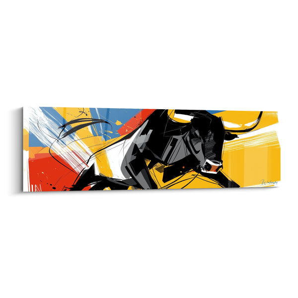 Tableau Taureau noir et jaune aux traits gestuels tranchants - Éclaboussures rouges et bleues - Edition Taureau