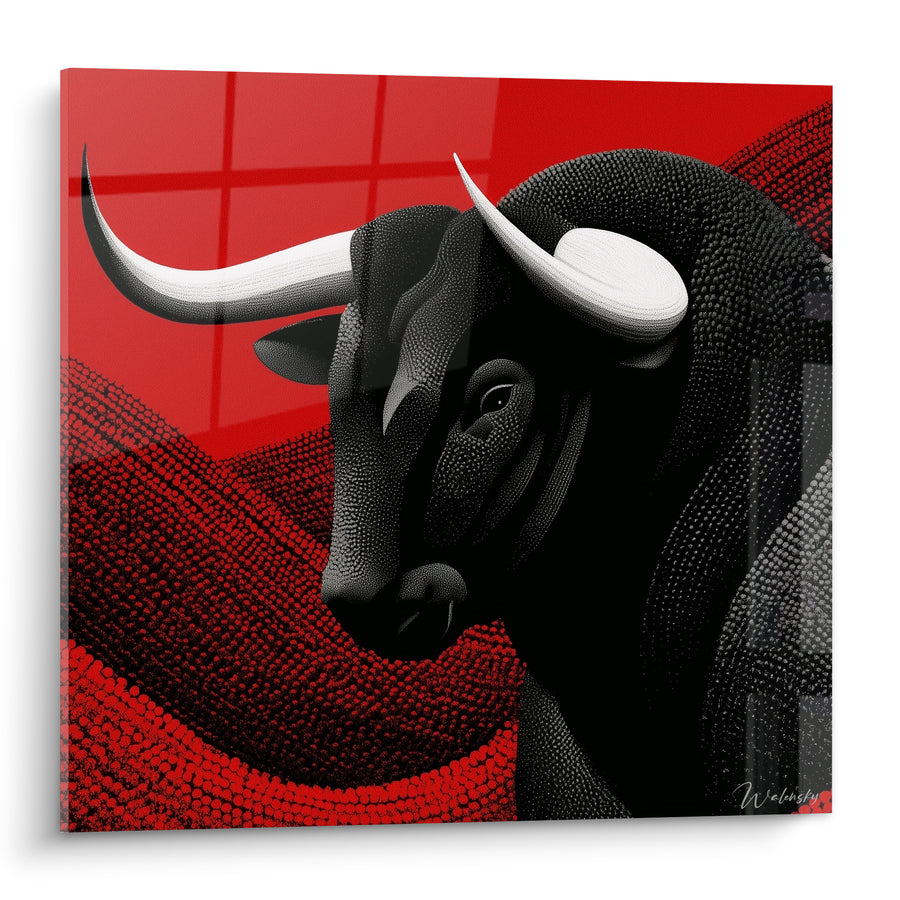 Tableau Longhorn noir et rouge au pelage pointillé - Fond rouge quadrillé - Edition Taureau