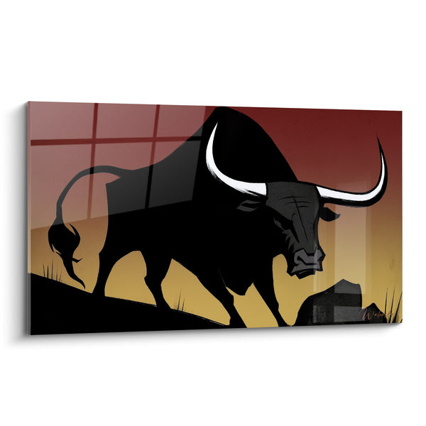 Tableau Longhorn noir aux cornes blanches gravissant la colline - Ciel dégradé cramoisi - Edition Taureau