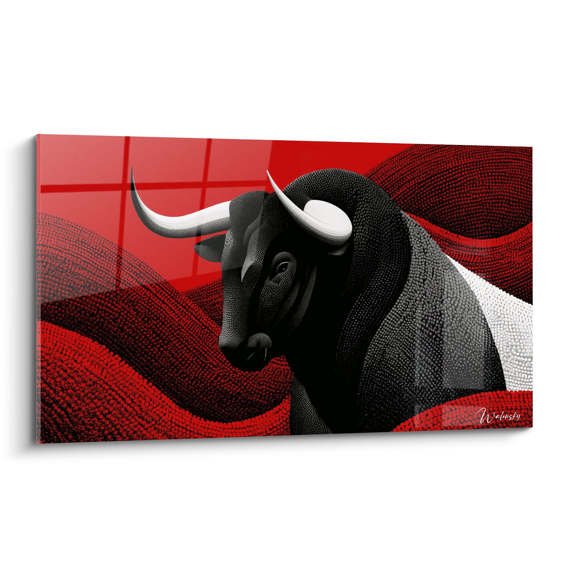 Taureau noir aux cornes blanches sur fond rouge intense, texture pointilliste dense et contrastée