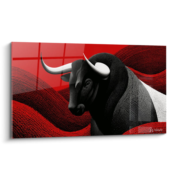 Tableau Taureau noir aux vagues rouges pointillistes - Tension avant la charge - Edition Taureau