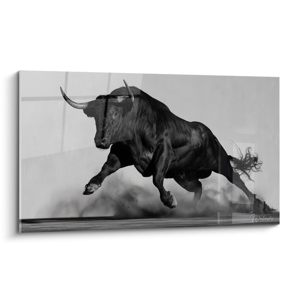 Tableau Taureau noir et blanc aux cornes ivoire queue fouettant l'air - Poussière soulevée au galop - Edition Taureau