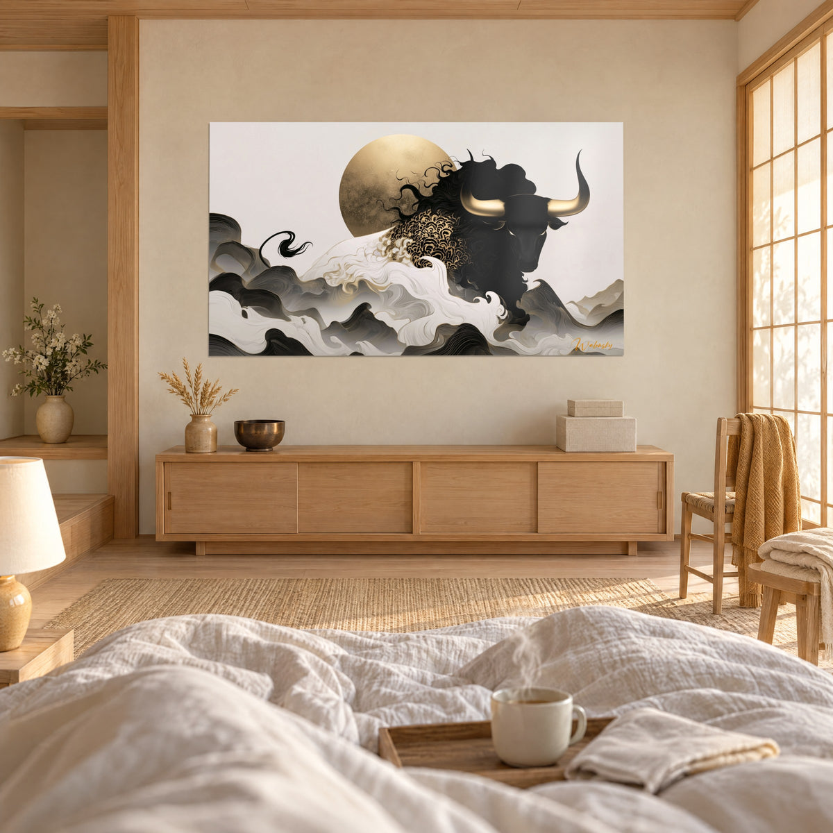 Schilderij zwarte buffel in profiel, gouden hoorns, gouden zon en witte en grijze krullen, ivoorkleurige plaid en licht hout boven een bed in een heldere slaapkamer