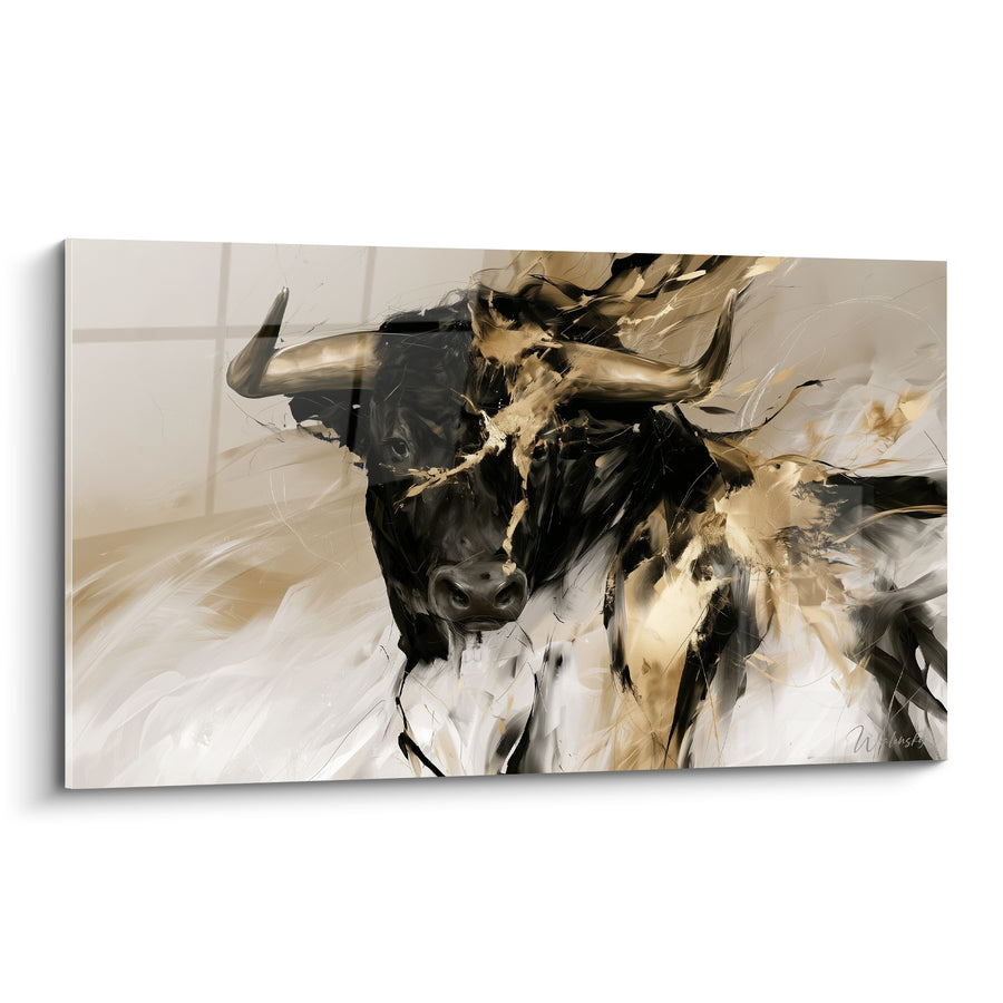 Tableau Longhorn noir et doré aux volutes vaporeuses - Naseau marqué de gouttes - Edition Taureau