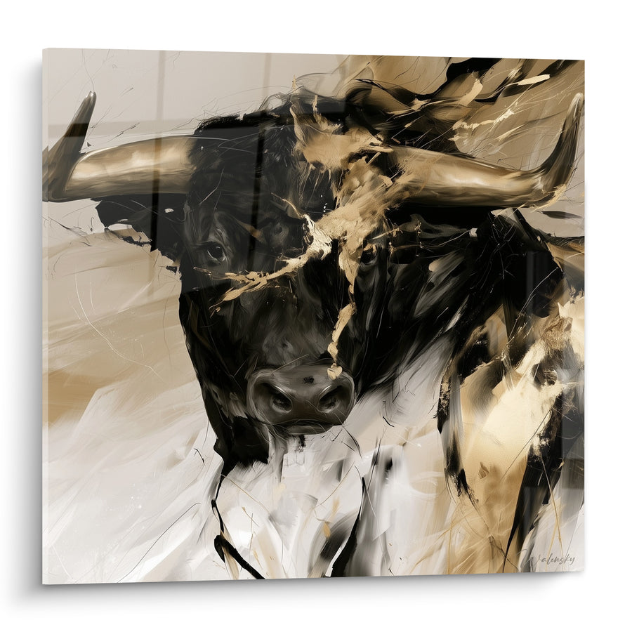 Tableau Longhorn noir et beige au museau balafré - Regard perçant et fissuré - Edition Taureau