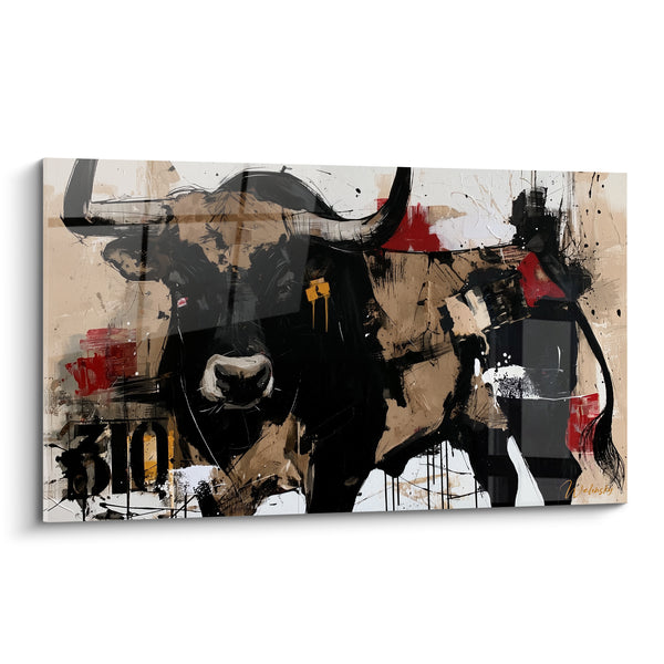 Tableau Longhorn noir et beige au museau blanc - Chiffres peints en fond - Edition Taureau