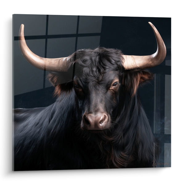 Tableau Taureau noir aux cornes ivoire - Regard qui domine - Edition Taureau