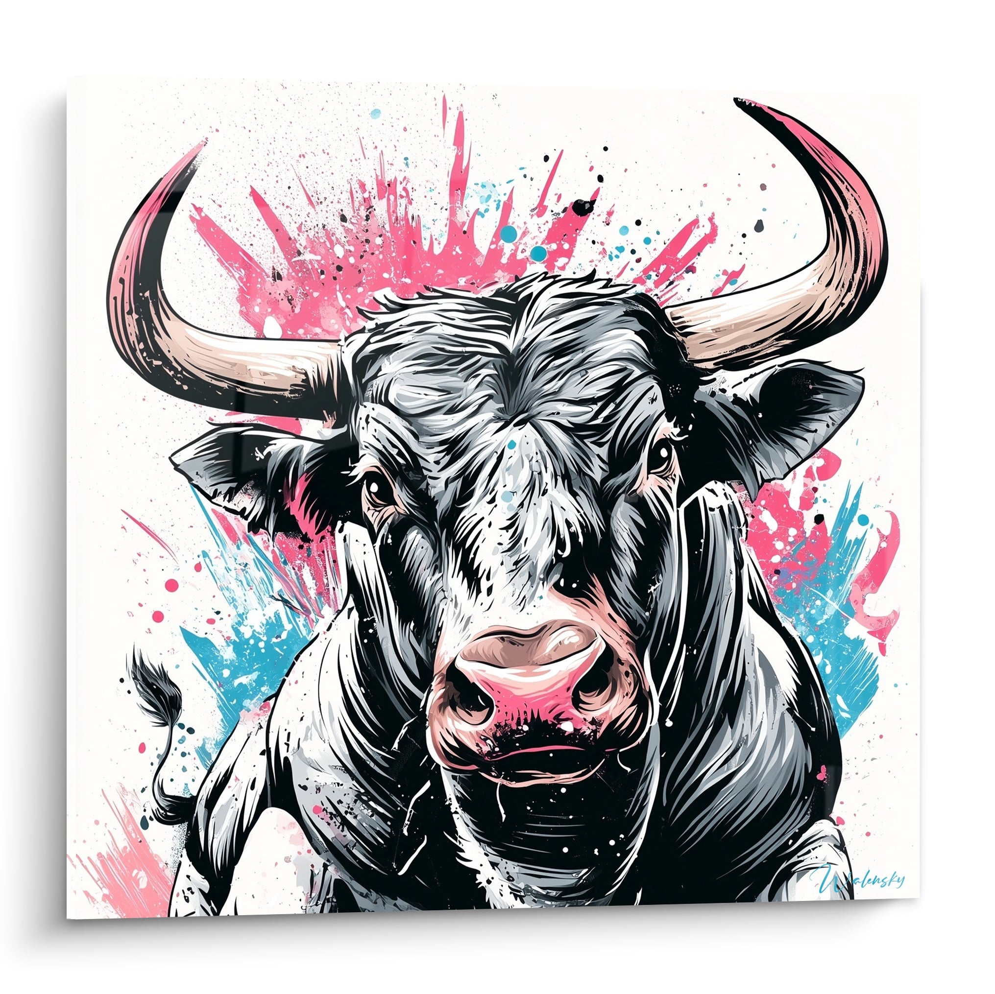 Taureau noir aux cornes roses, éclaboussures bleues et roses en fond graphique