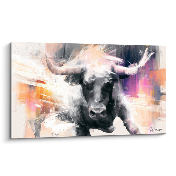 Dipinto Longhorn nero con corna avorio e sfondo viola - Muso spazzolato di bianco - Edizione Toro