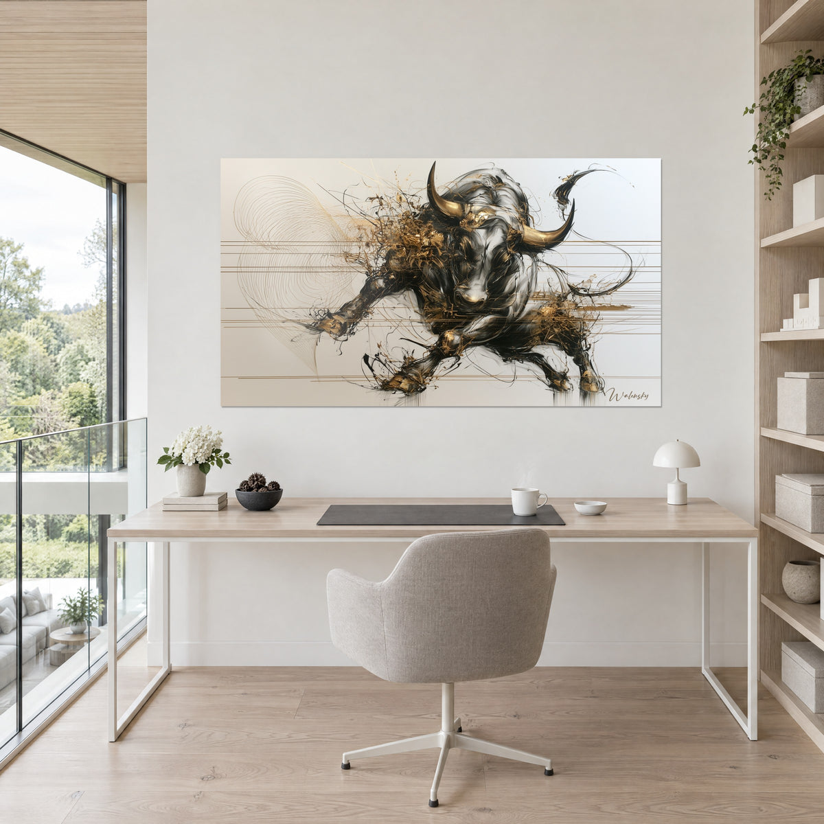 Quadro della carica di un toro in linee d'inchiostro nero e fili d'oro, sfondo color crema, sopra una scrivania essenziale