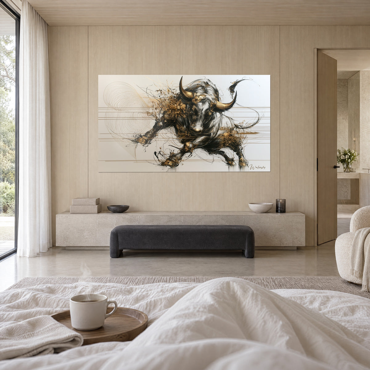 Quadro di una bestia cornuta con tratti di inchiostro nero e oro, galoppo a spirale, sopra un letto in una camera luminosa