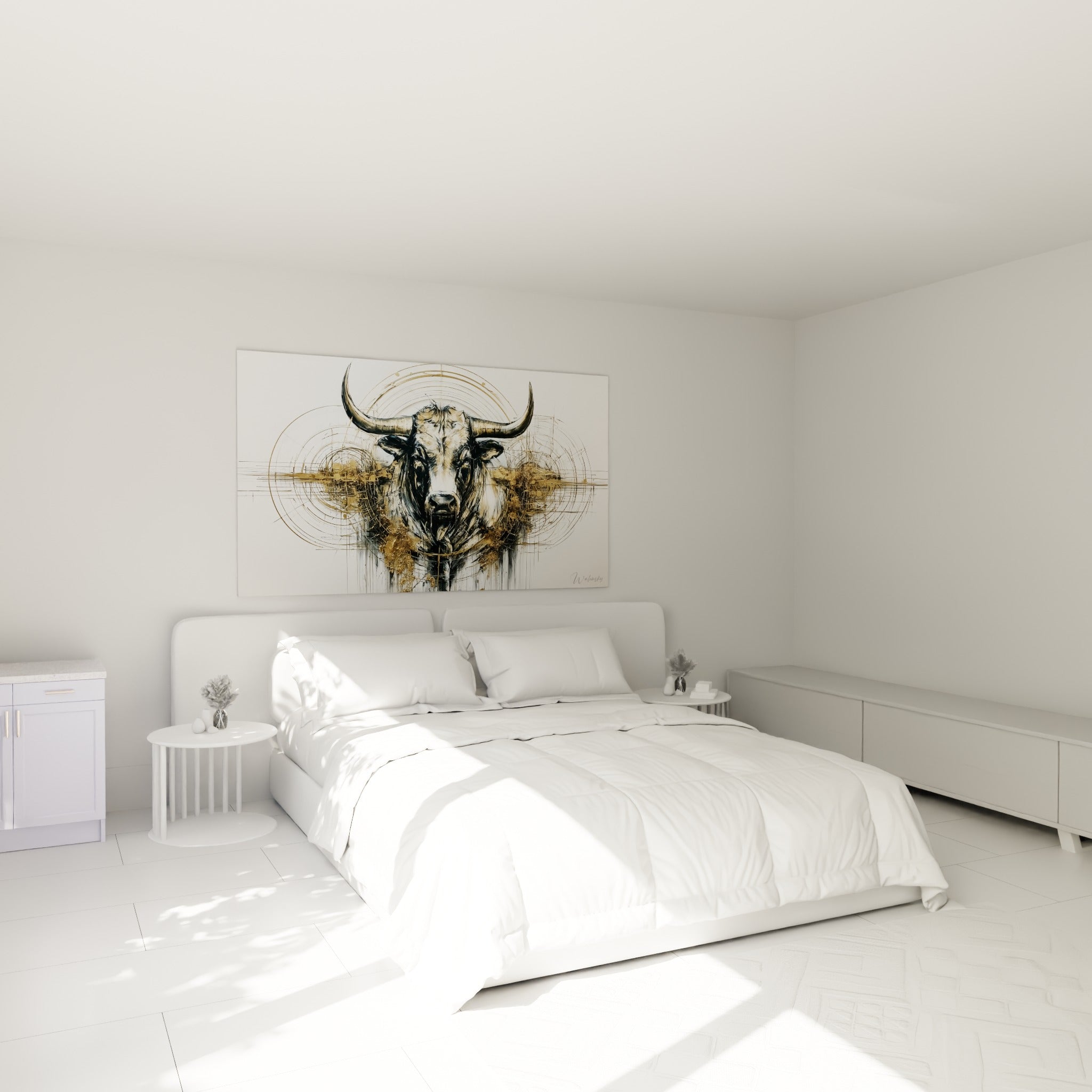 Cornes noires puissantes et touches dorées de ce taureau accrochées au-dessus d'un lit dans une chambre claire