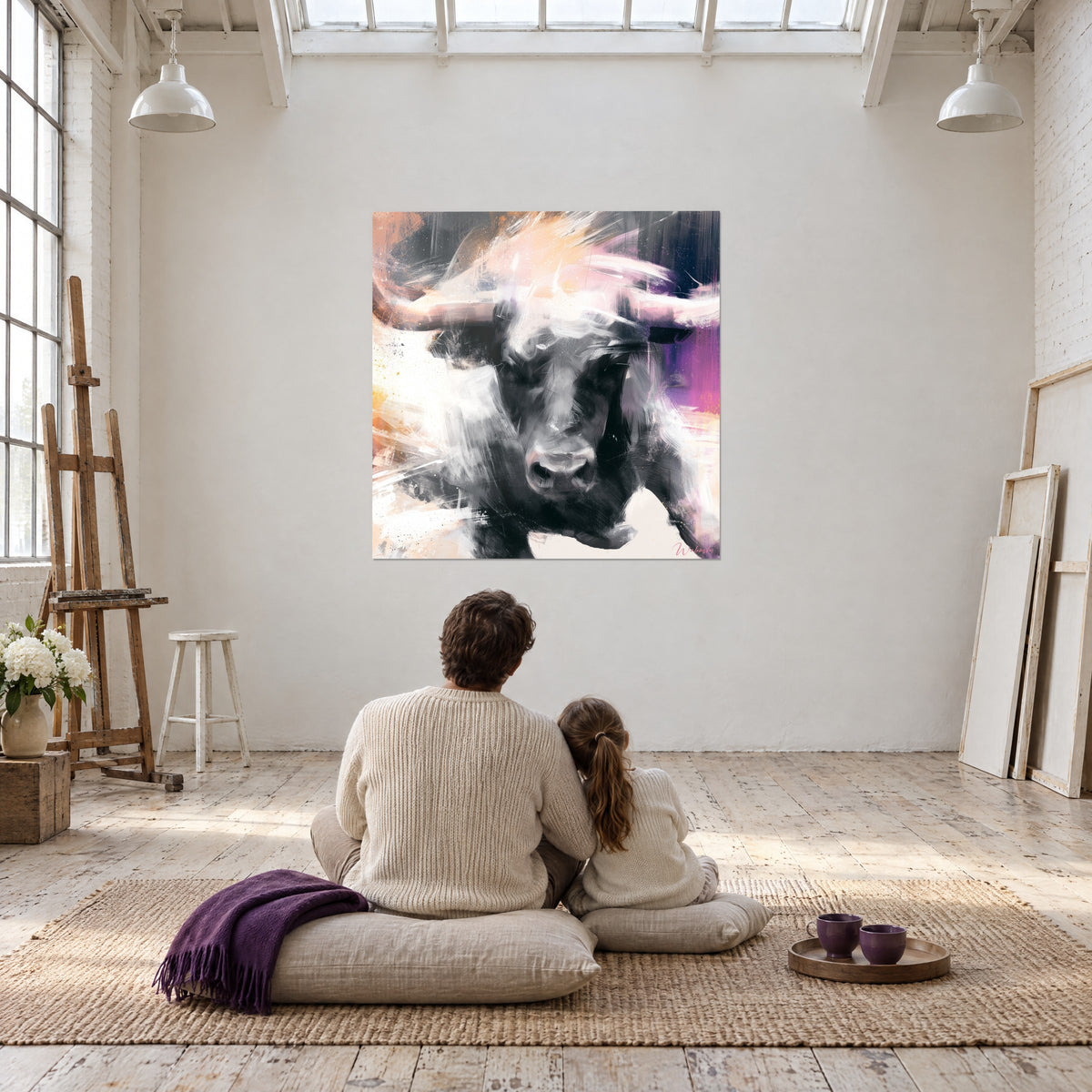 Wall art Horned wild beast on peach, white and plum background, viewed by two people seen from behind seated on a woven rug