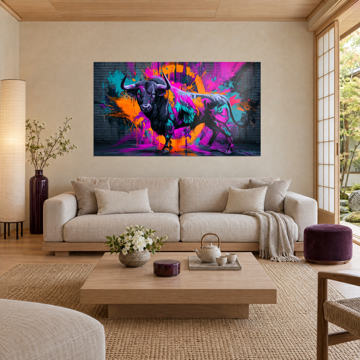 Wall art black bull with curved horns, magenta and turquoise splashes on brick wall, above a sofa in a bright living room