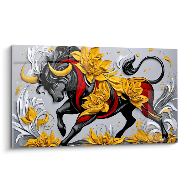 Tableau Taureau noir fleurs d'or et rouge - Charge florale - Edition Taureau