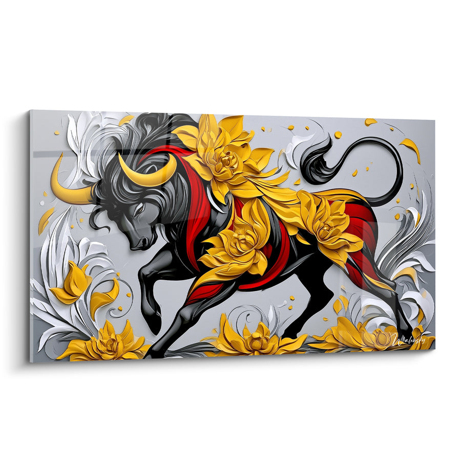 Tableau Taureau noir fleurs d'or et rouge - Charge florale - Edition Taureau