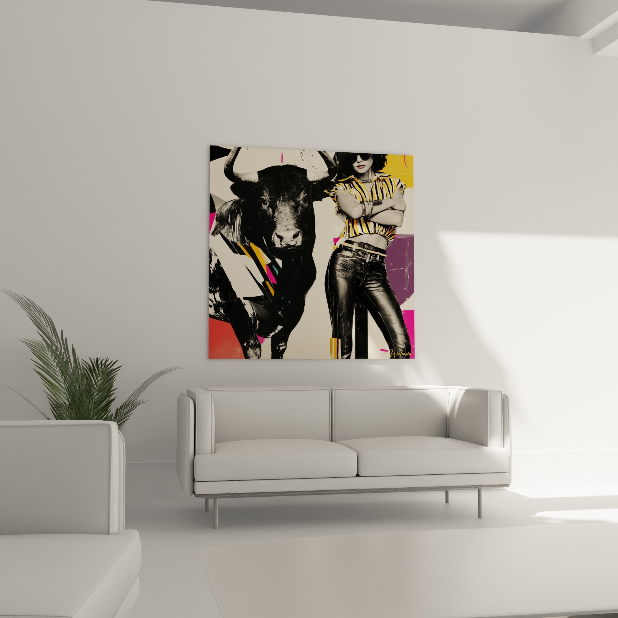 Collage graphique aux teintes fuchsia et moutarde met en scène un taureau, au-dessus d'un canapé dans un salon lumineux