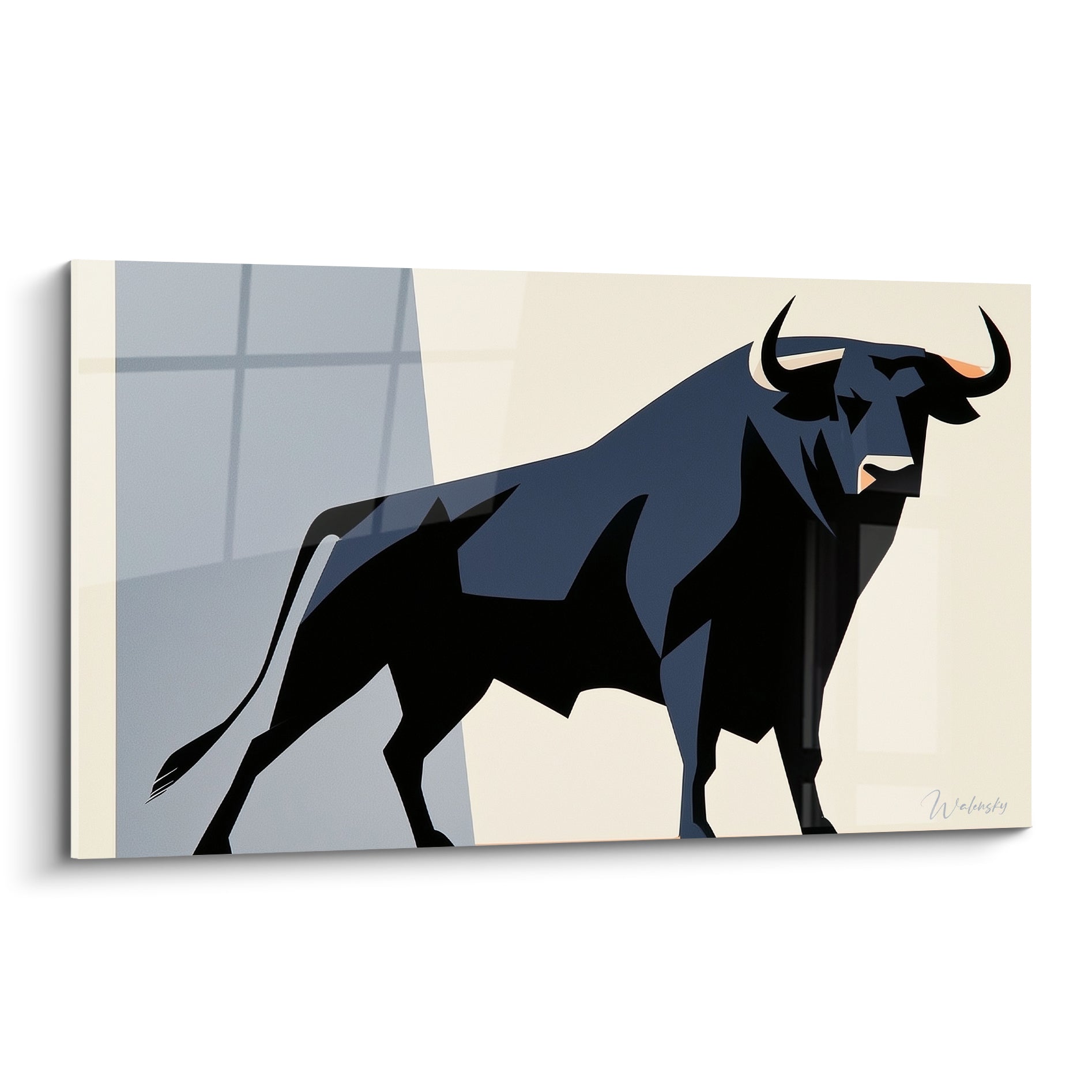 Taureau noir et bleu ardoise aux cornes ivoire, silhouette géométrique sur fond crème épuré