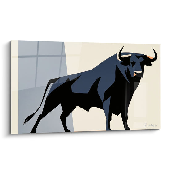 Taureau noir et bleu ardoise aux cornes ivoire, silhouette géométrique sur fond crème épuré
