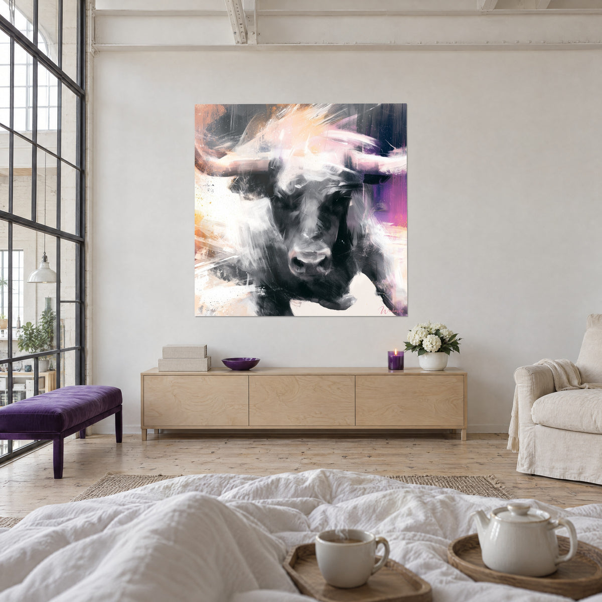 Wall art Dark wild ox with apricot and lilac accents, facing a person seen from behind, above a bed in a light bedroom