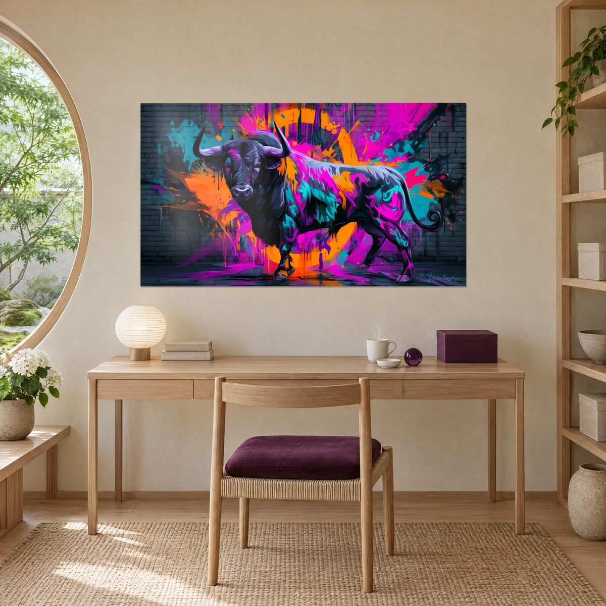 Wall art black bull with coiled tail, orange and magenta drips, hung above a light wood desk with a round lamp and plum chair