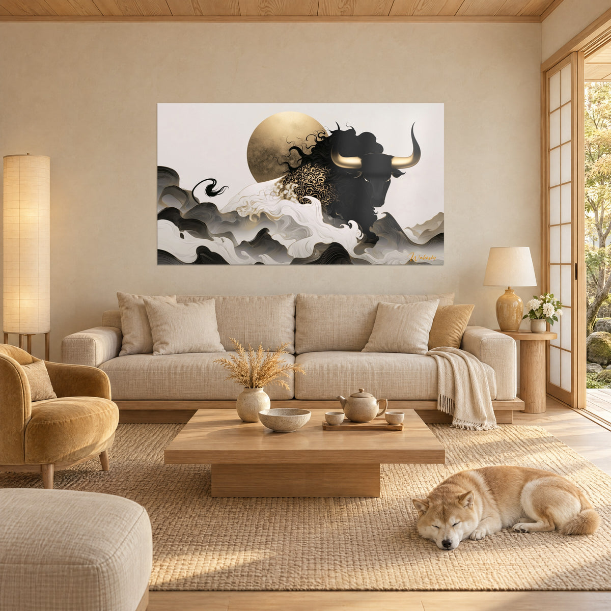 Schilderij zwarte stier met gouden hoorns die oprijst uit witte en grijze schuim, gouden zon, Shiba liggend boven een bank in een lichte woonkamer