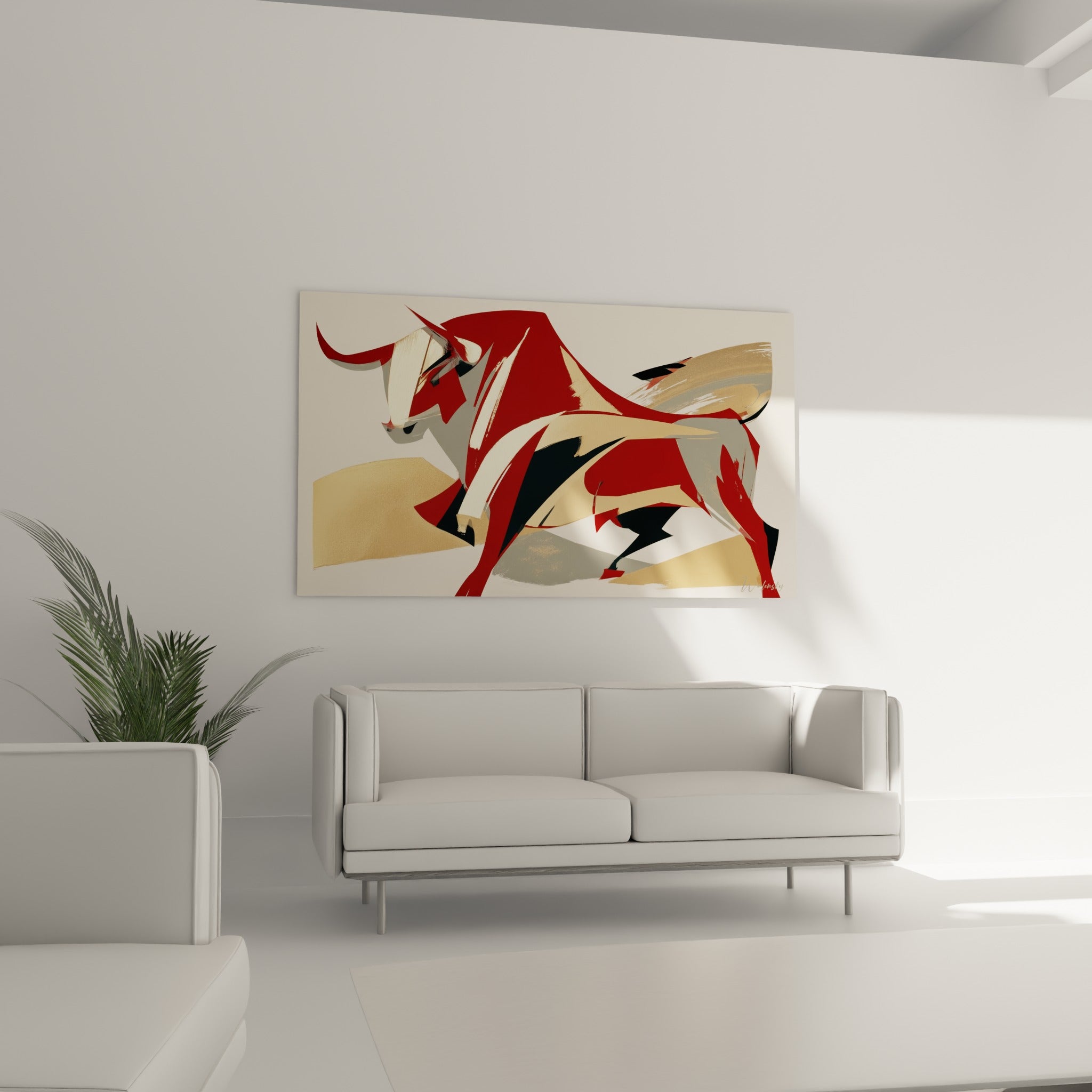 Composition graphique d'un taureau ocre et rouge, mouvement figé, au-dessus d'un canapé dans un salon lumineux