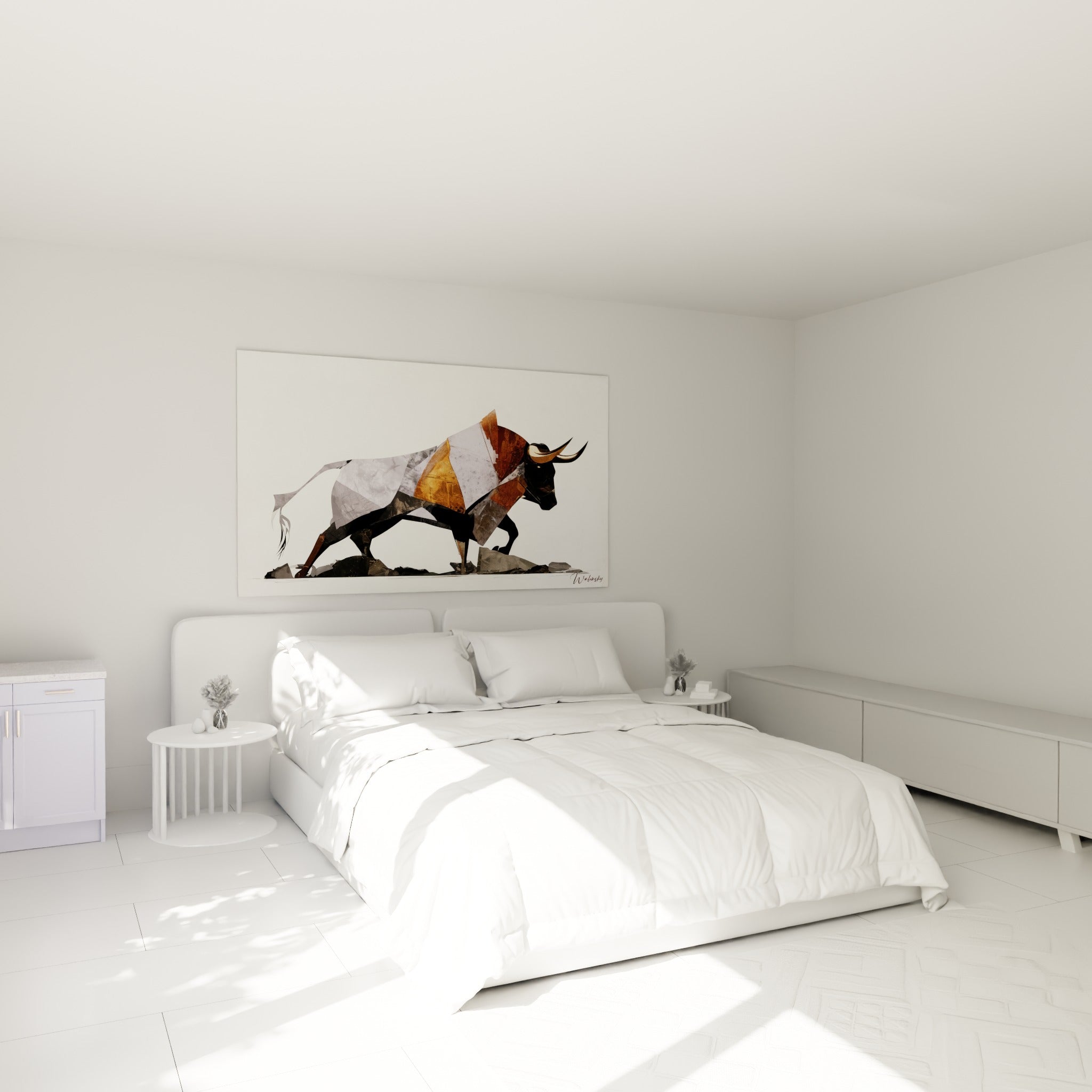 Silhouette de taureau ocre et bronze au-dessus d'un lit dans une chambre claire
