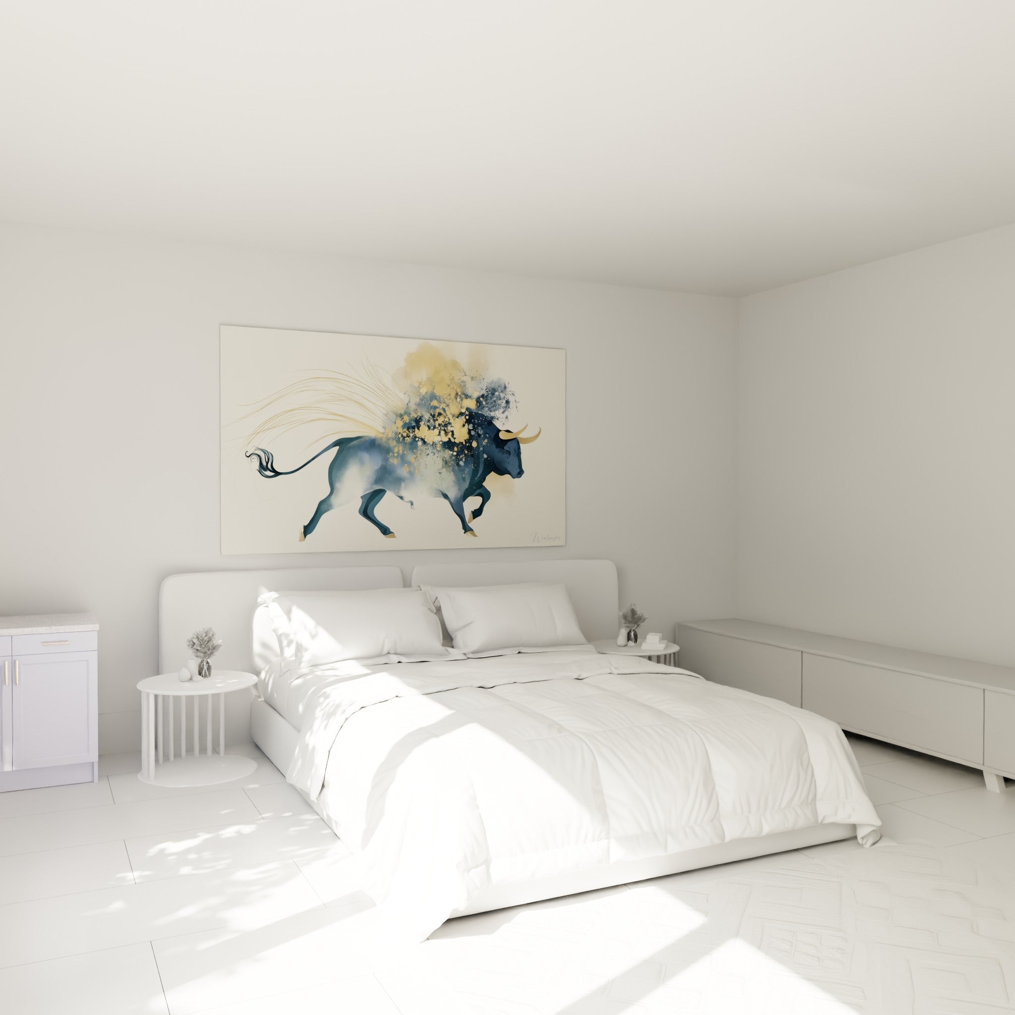 Silhouette de taureau ocre et bleu nuit au-dessus d'un lit dans une chambre claire